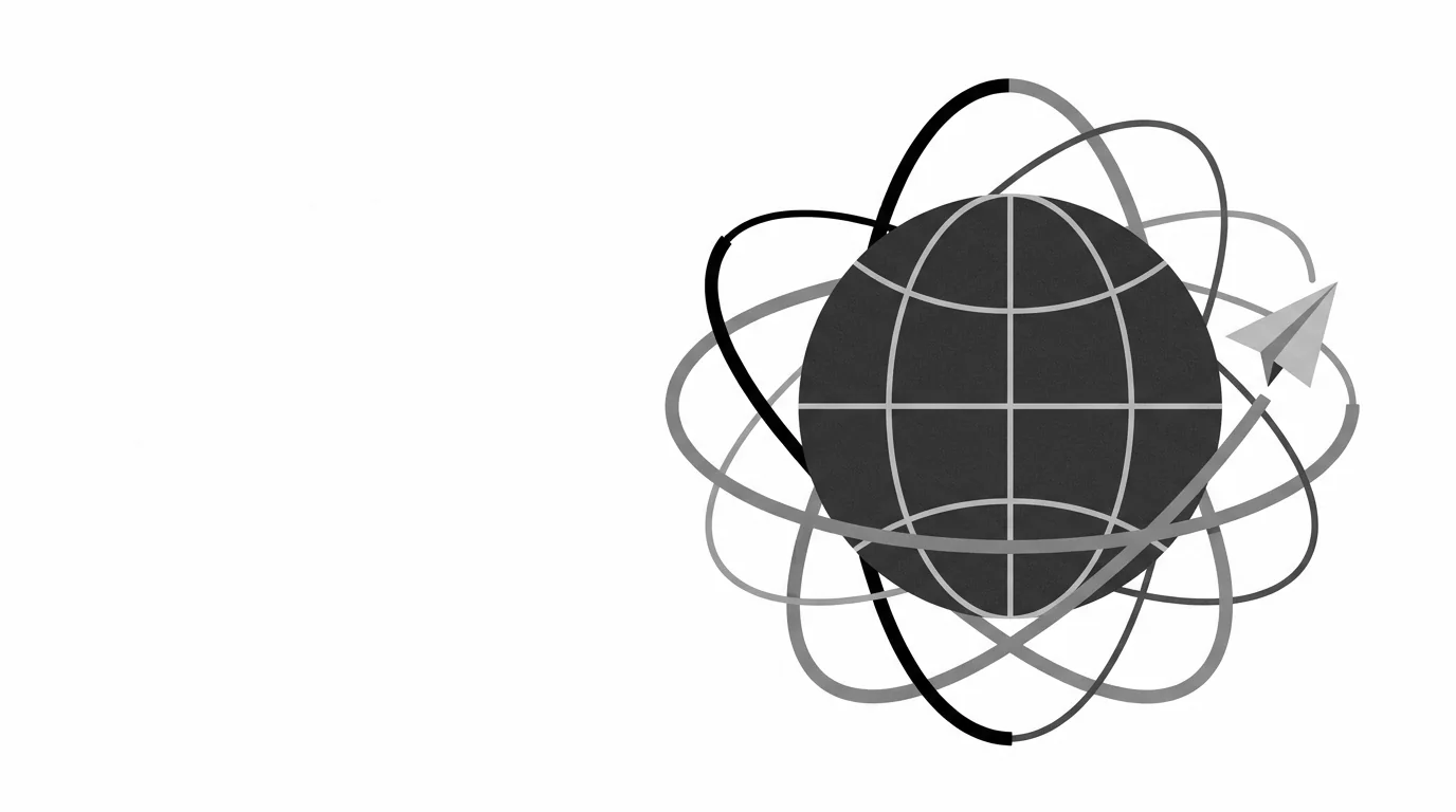 A globe circled by orbits and a paper plane
