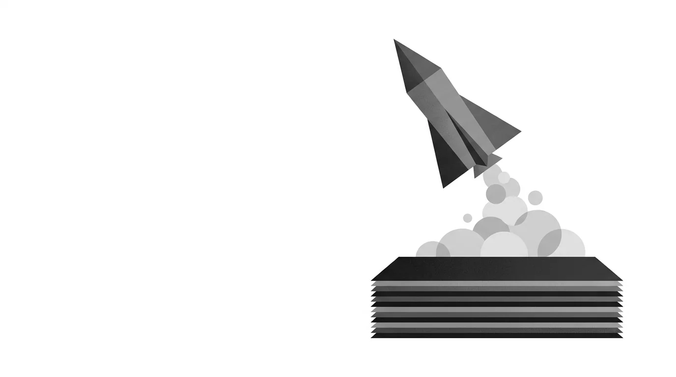 A paper rocket lifting off a stack of slides