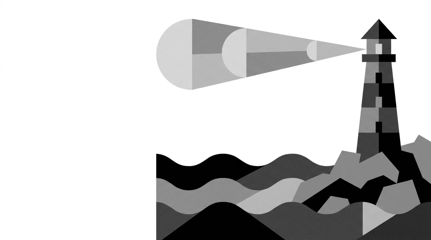 A lighthouse beam over stylised waves